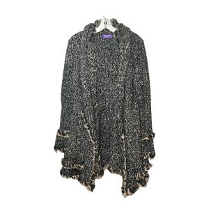 Emilio Pepe Wool Blend Ruffled Sweater Black White Speckled Marled Open Cardigan